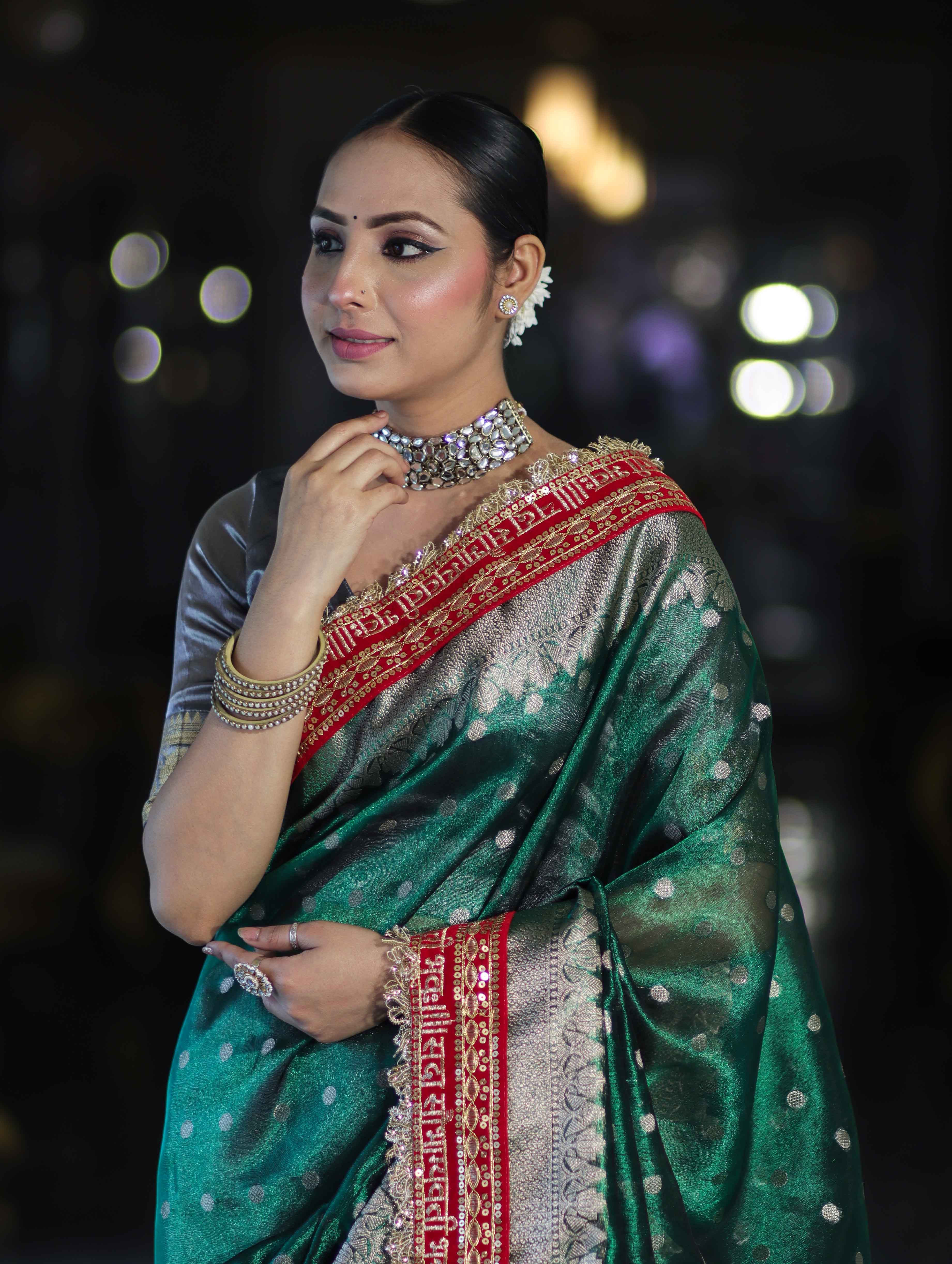 Banarasee Handloom Tissue (Saubhagyavati Bhava) Lace Saree With Buti Design Border & Lace-Green