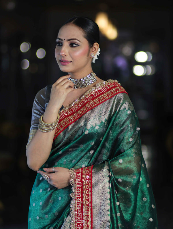 Banarasee Handloom Tissue (Saubhagyavati Bhava) Lace Saree With Buti Design Border & Lace-Green