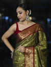 Banarasee Handloom Tissue Saree With Buti Design & Contrast Border-Olive Green & Maroon