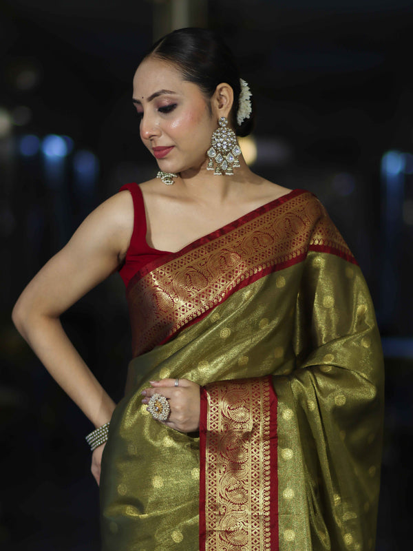Banarasee Handloom Tissue Saree With Buti Design & Contrast Border-Olive Green & Maroon