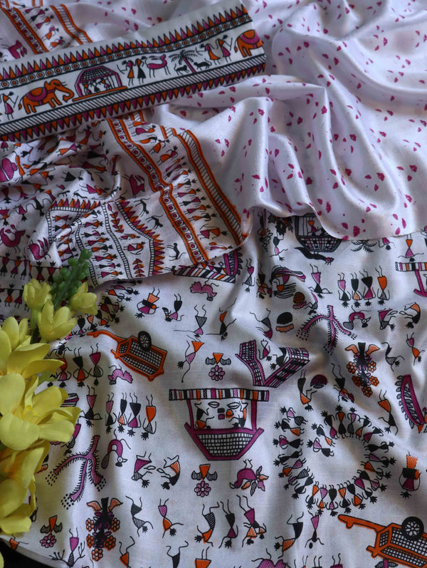 Handloom Printed Khadi Cotton Salwar Kameez Dupatta Set-White