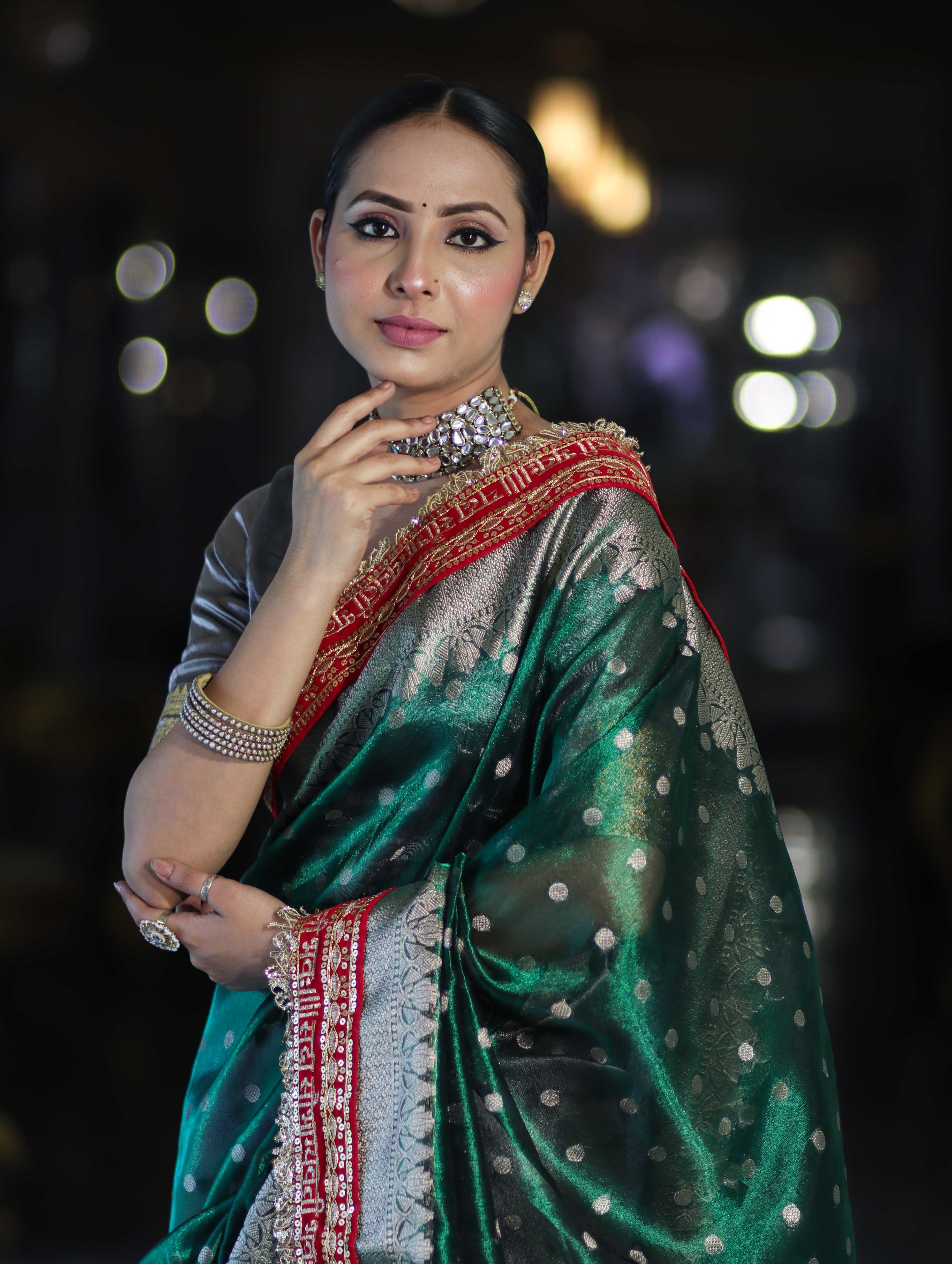 Banarasee Handloom Tissue (Saubhagyavati Bhava) Lace Saree With Buti Design Border & Lace-Green