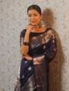 Banarasee Handwoven Silk Cotton Saree With Zari Buti & Border-Deep Blue