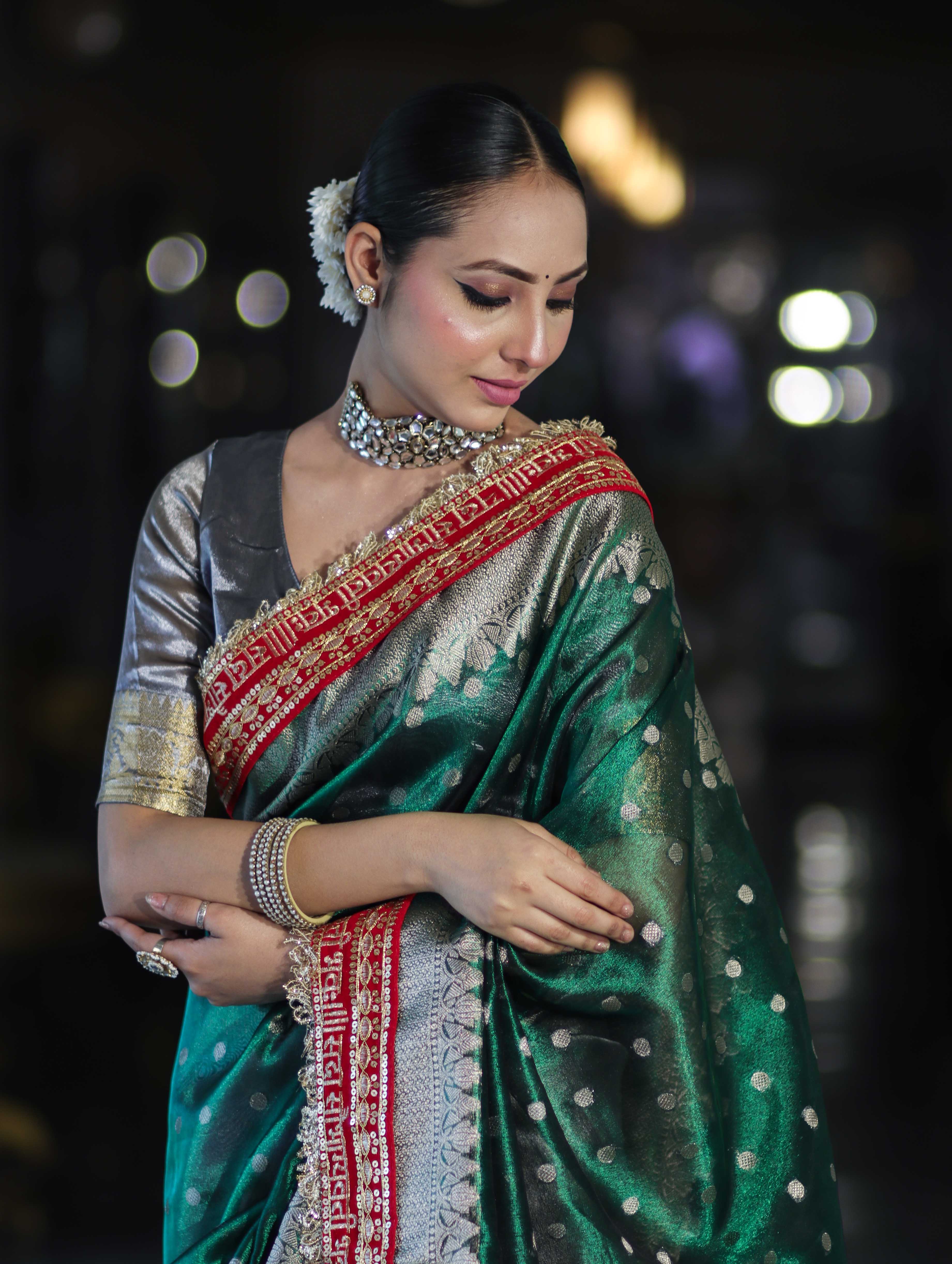 Banarasee Handloom Tissue (Saubhagyavati Bhava) Lace Saree With Buti Design Border & Lace-Green