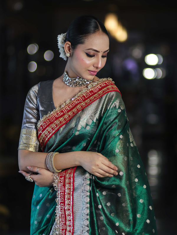 Banarasee Handloom Tissue (Saubhagyavati Bhava) Lace Saree With Buti Design Border & Lace-Green