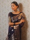 Banarasee Handwoven Silk Cotton Saree With Zari Buti & Border-Deep Blue