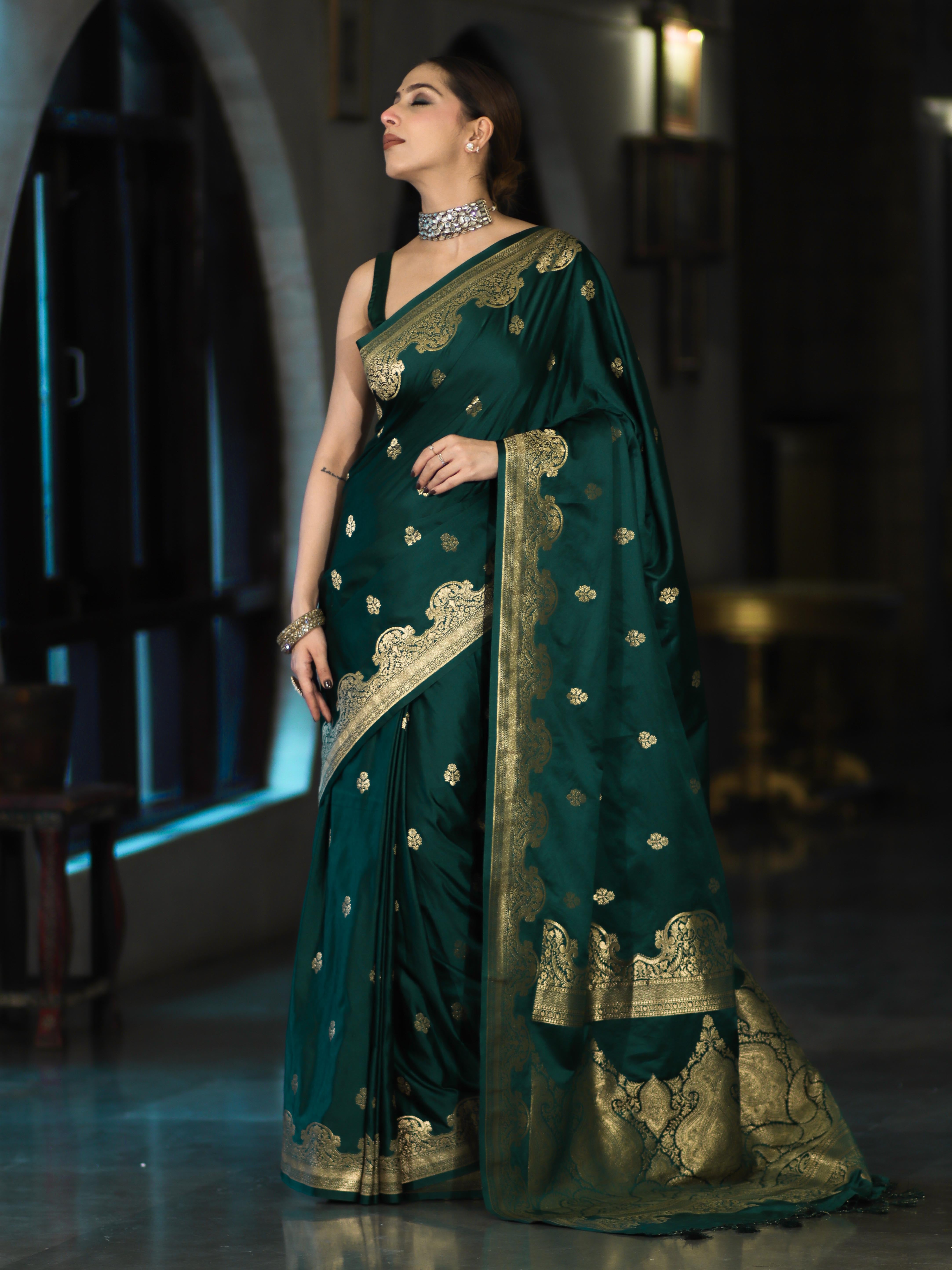 Banarasee Mashru Silk Saree With Zari Motifs & Floral Border-Bottle Green
