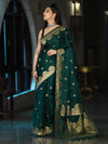 Banarasee Mashru Silk Saree With Zari Motifs & Floral Border-Bottle Green