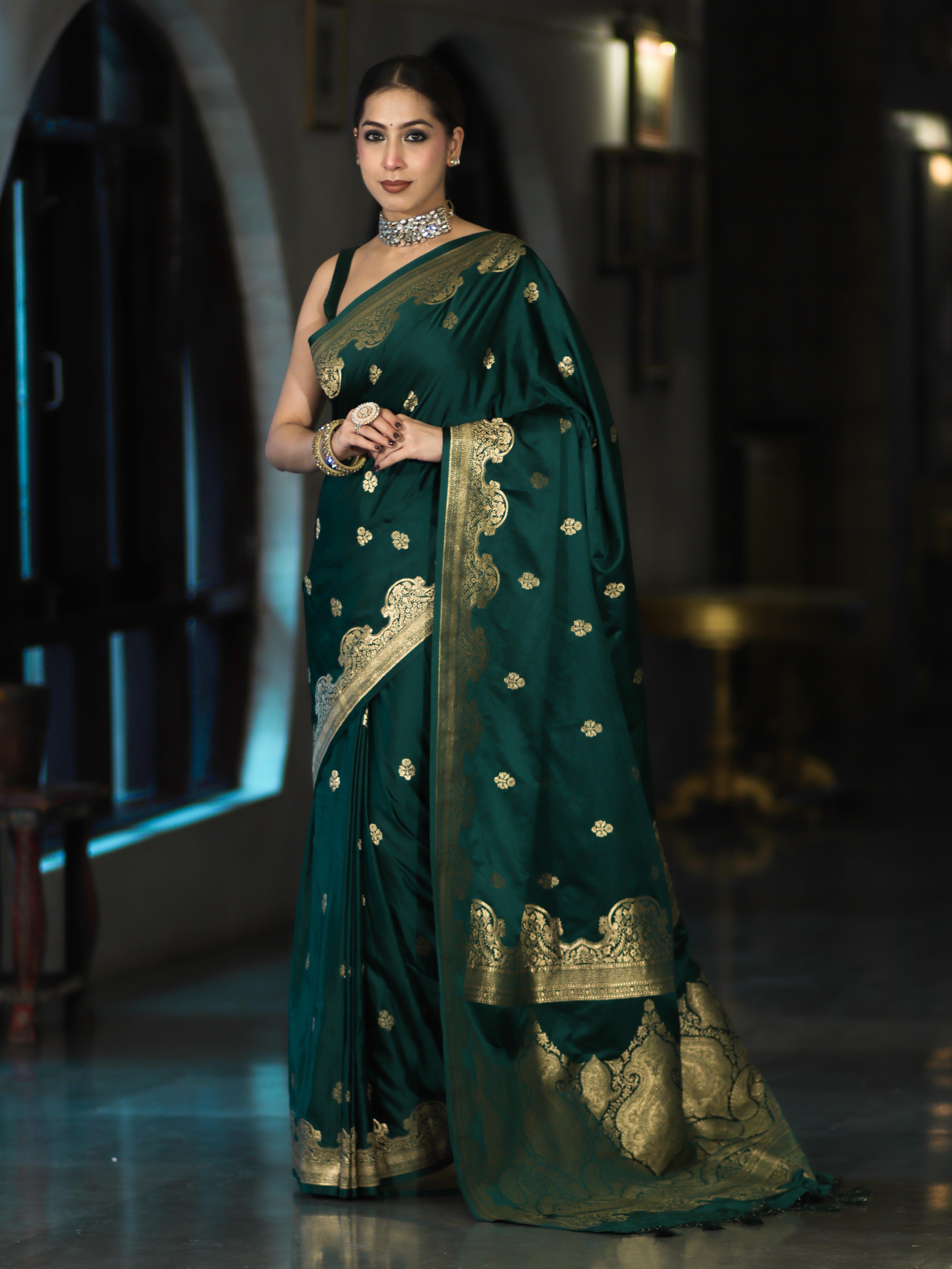 Banarasee Mashru Silk Saree With Zari Motifs & Floral Border-Bottle Green