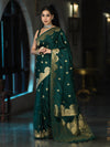 Banarasee Mashru Silk Saree With Zari Motifs & Floral Border-Bottle Green