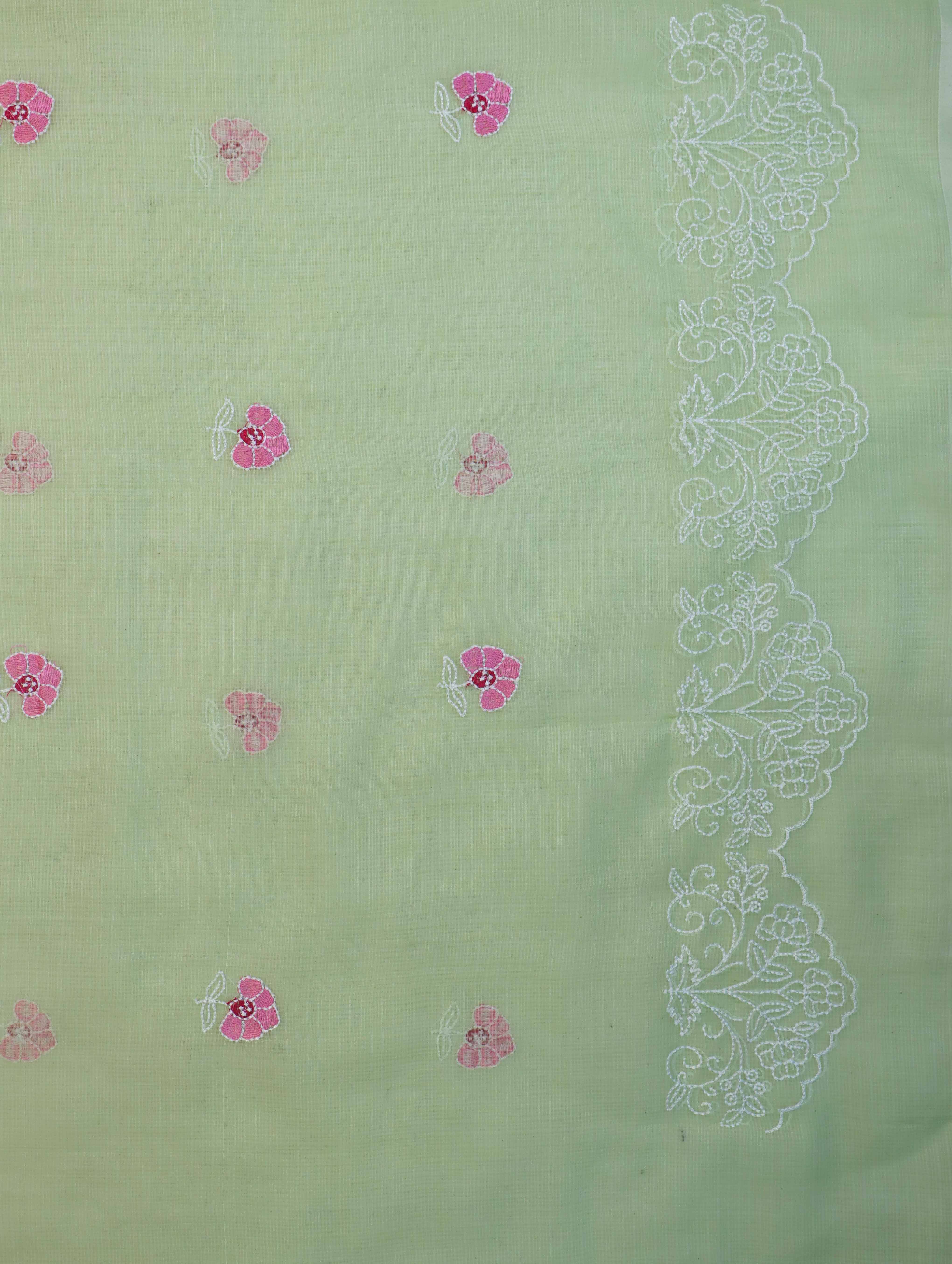 Banarasee Kota Doria Hand-Embroidered Salwar Kameez Dupatta Set-Light Green