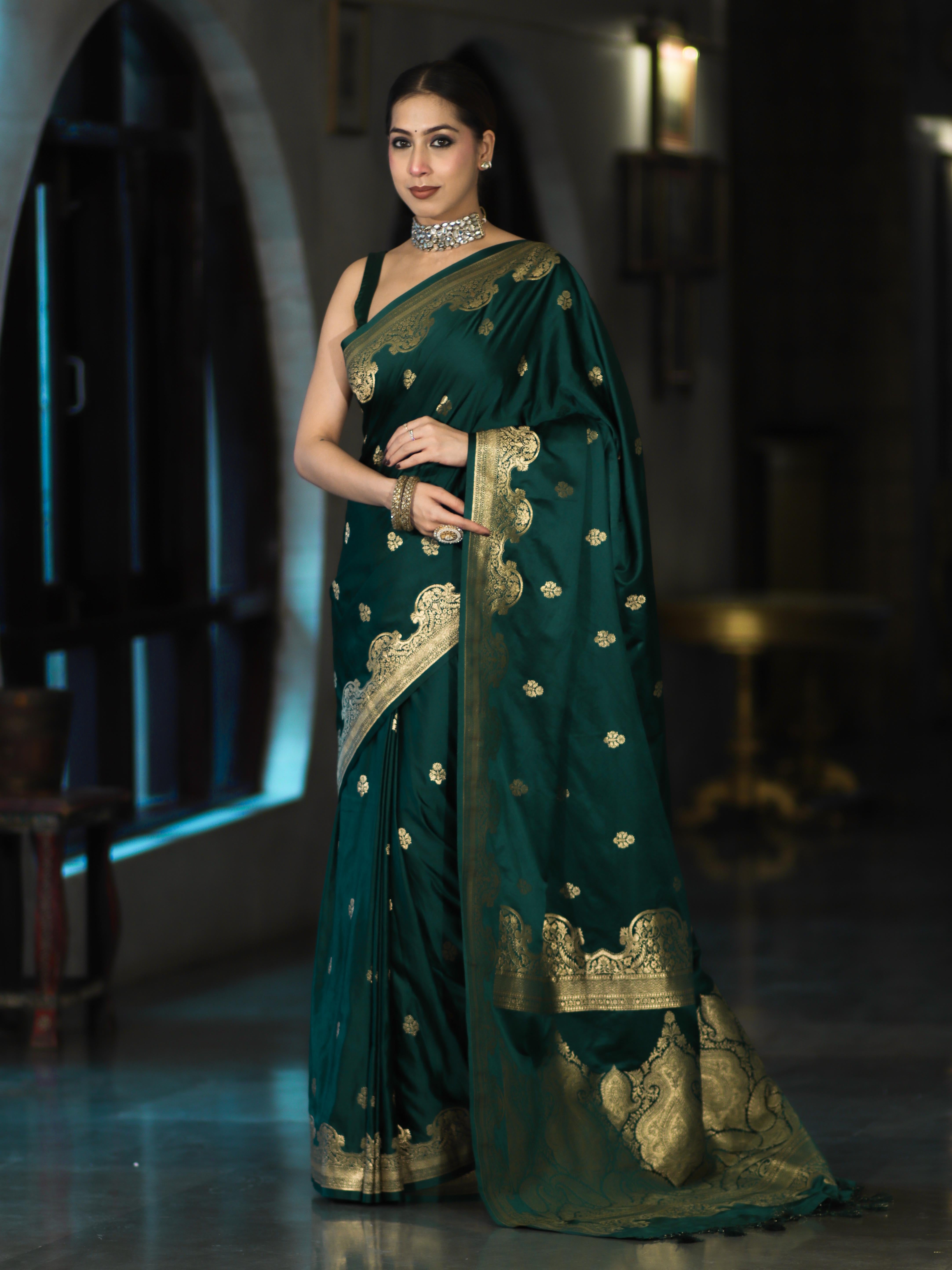 Banarasee Mashru Silk Saree With Zari Motifs & Floral Border-Bottle Green