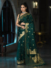 Banarasee Mashru Silk Saree With Zari Motifs & Floral Border-Bottle Green