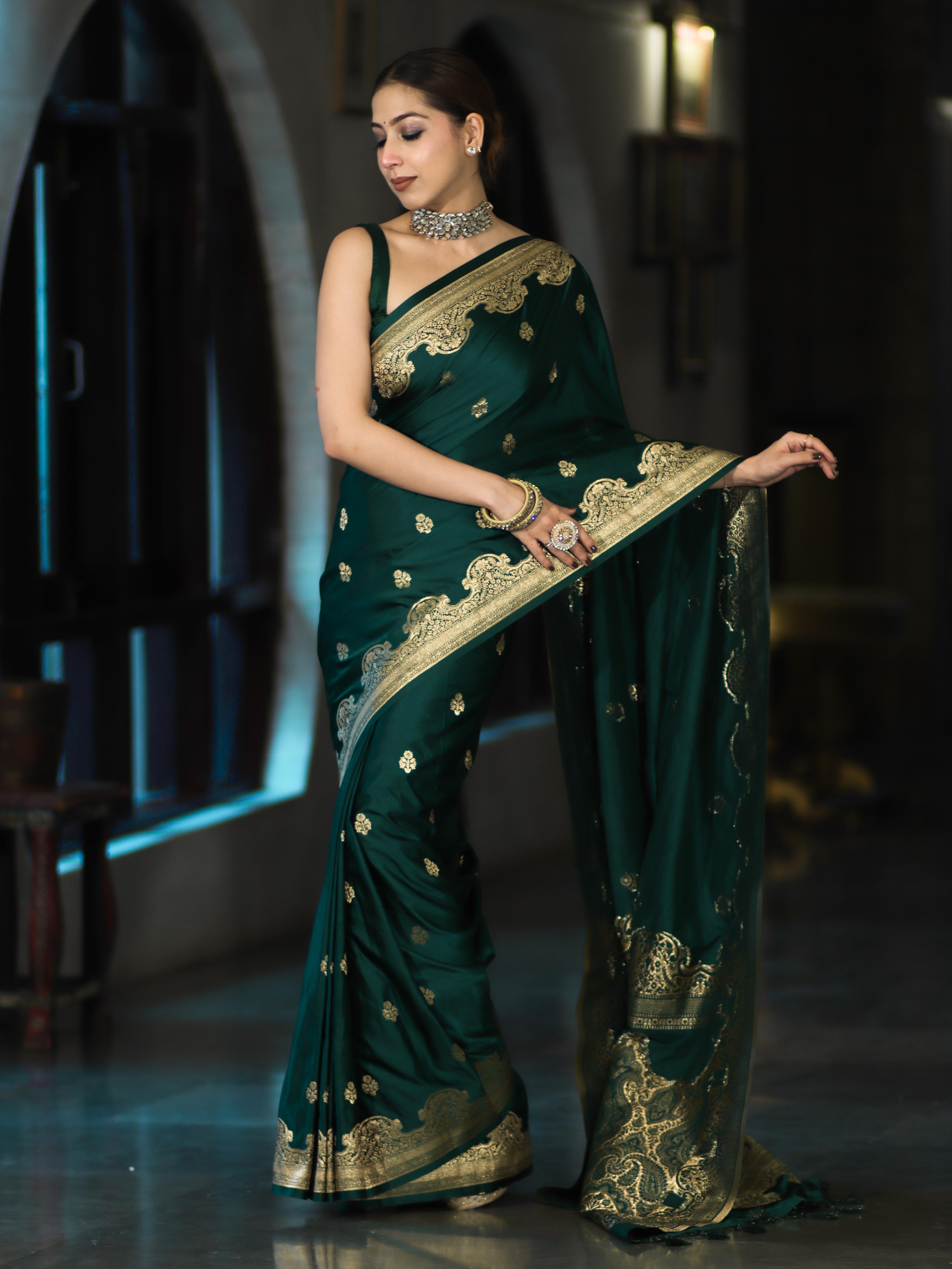 Banarasee Mashru Silk Saree With Zari Motifs & Floral Border-Bottle Green