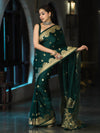 Banarasee Mashru Silk Saree With Zari Motifs & Floral Border-Bottle Green