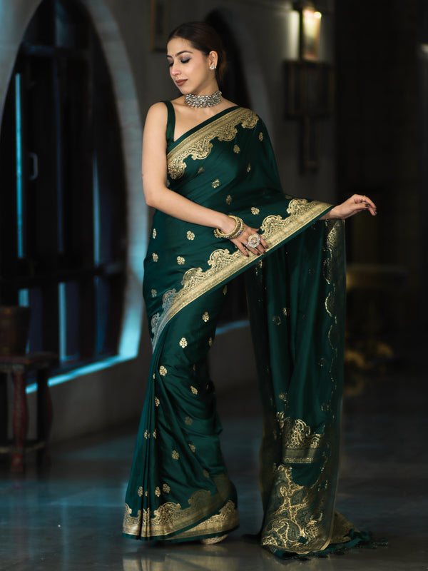 Banarasee Mashru Silk Saree With Zari Motifs & Floral Border-Bottle Green