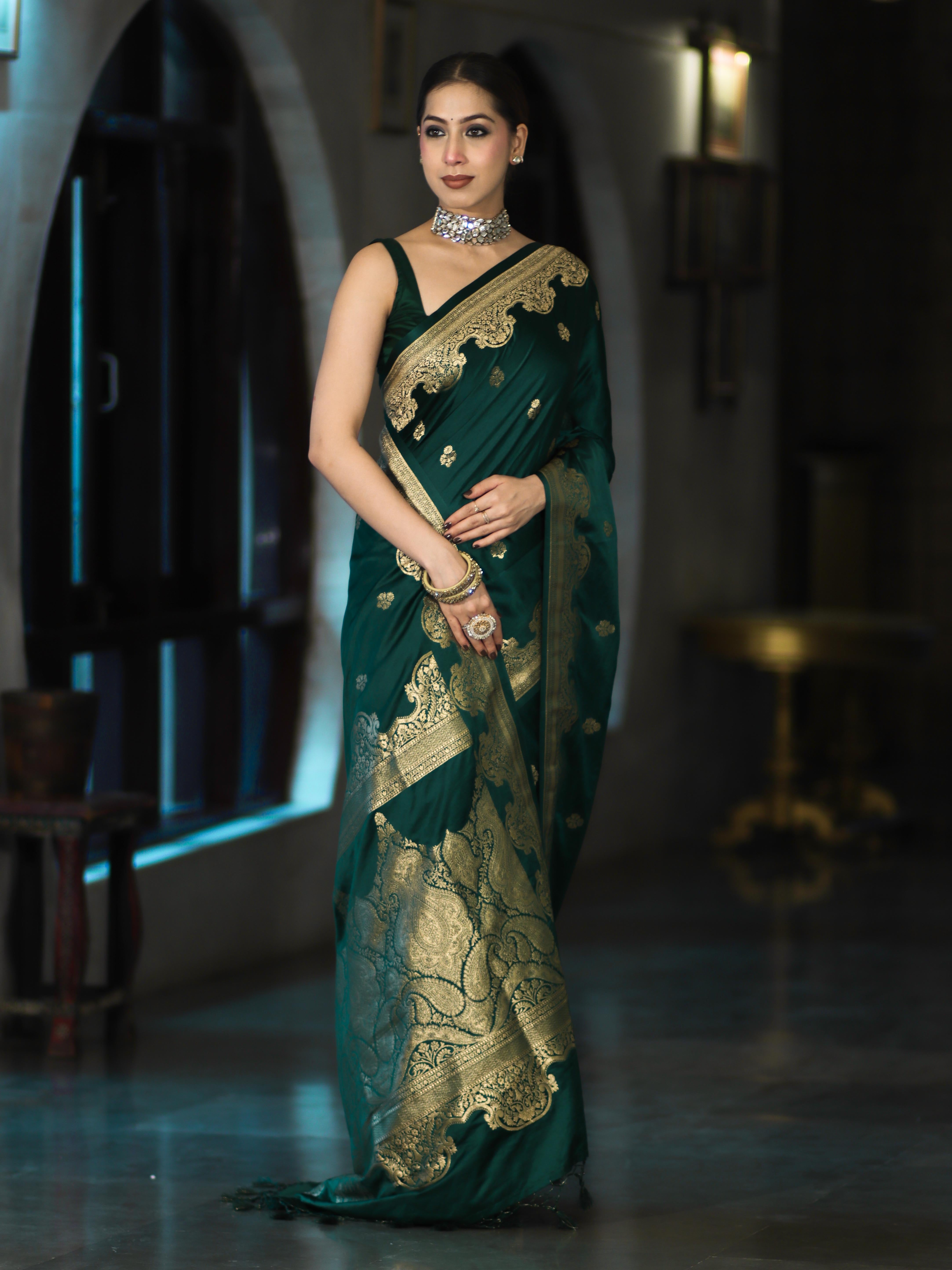 Banarasee Mashru Silk Saree With Zari Motifs & Floral Border-Bottle Green