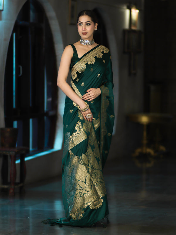 Banarasee Mashru Silk Saree With Zari Motifs & Floral Border-Bottle Green