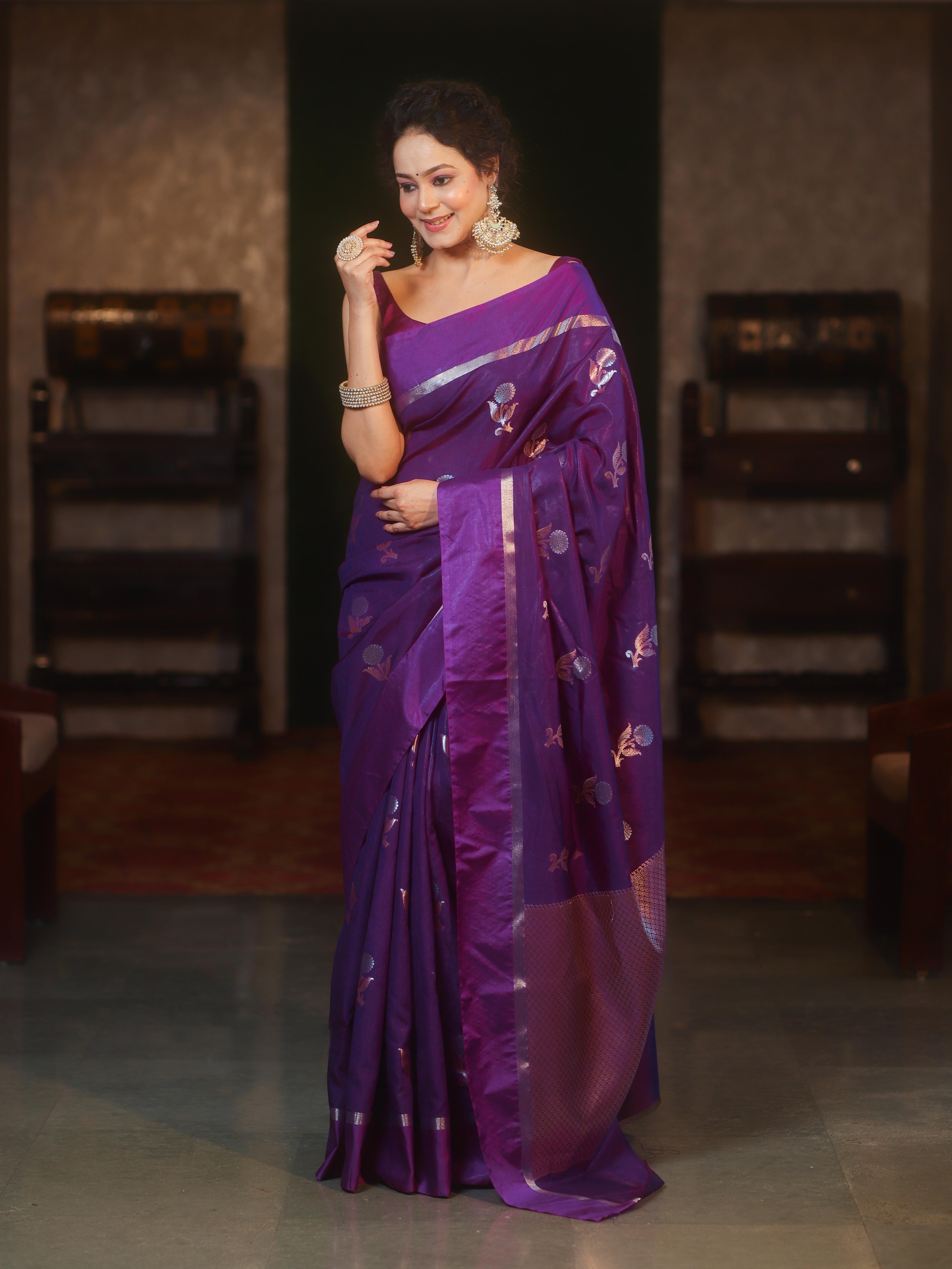 Banarasee Handwoven Semi Silk Saree With Sona Rupa Zari Buti Design-Violet
