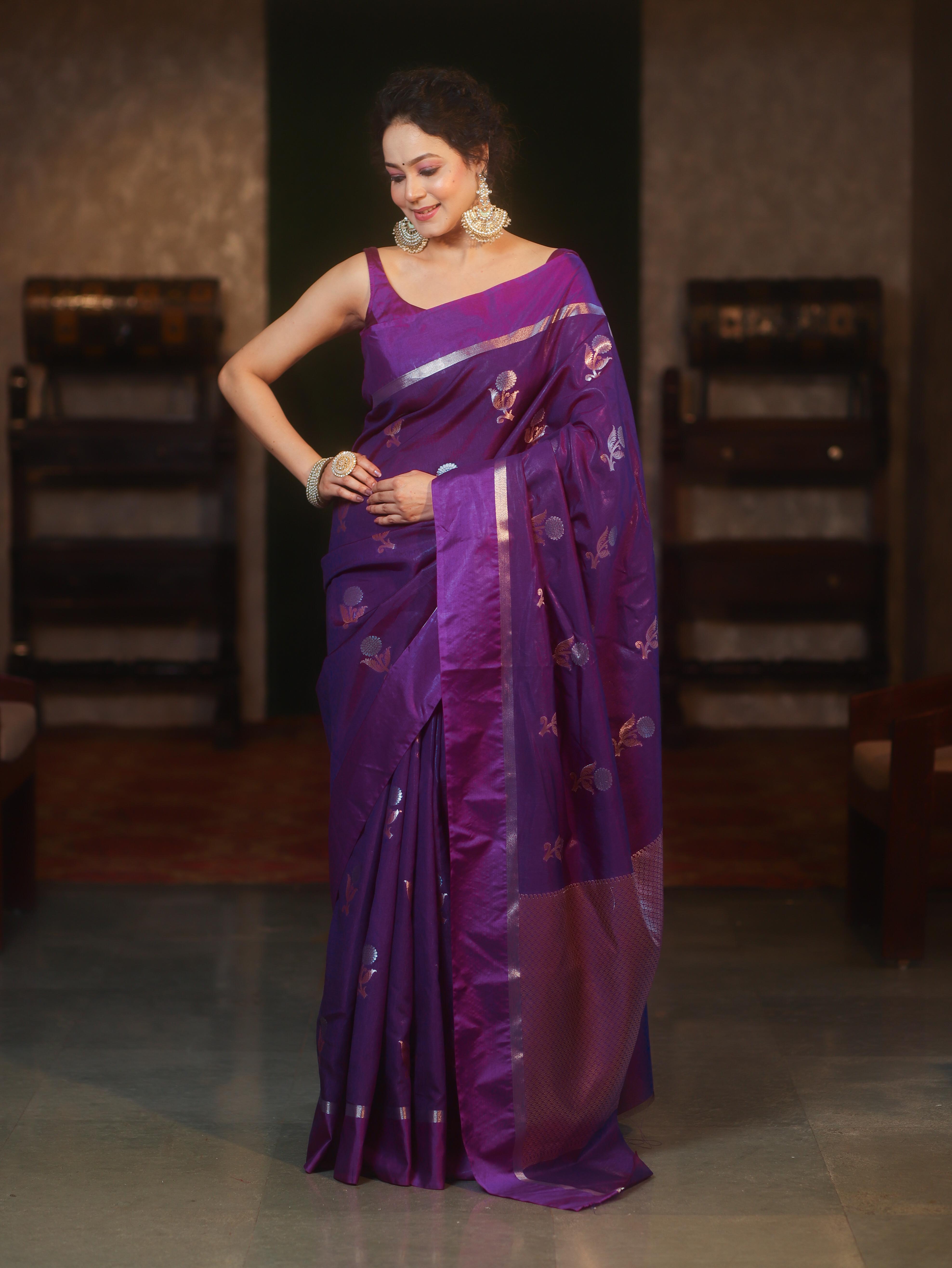 Banarasee Handwoven Semi Silk Saree With Sona Rupa Zari Buti Design-Violet