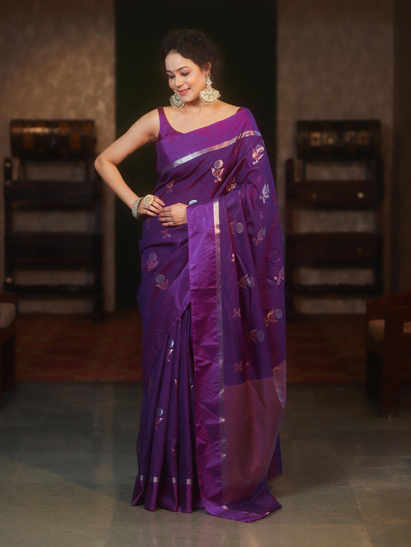 Banarasee Handwoven Semi Silk Saree With Sona Rupa Zari Buti Design-Violet