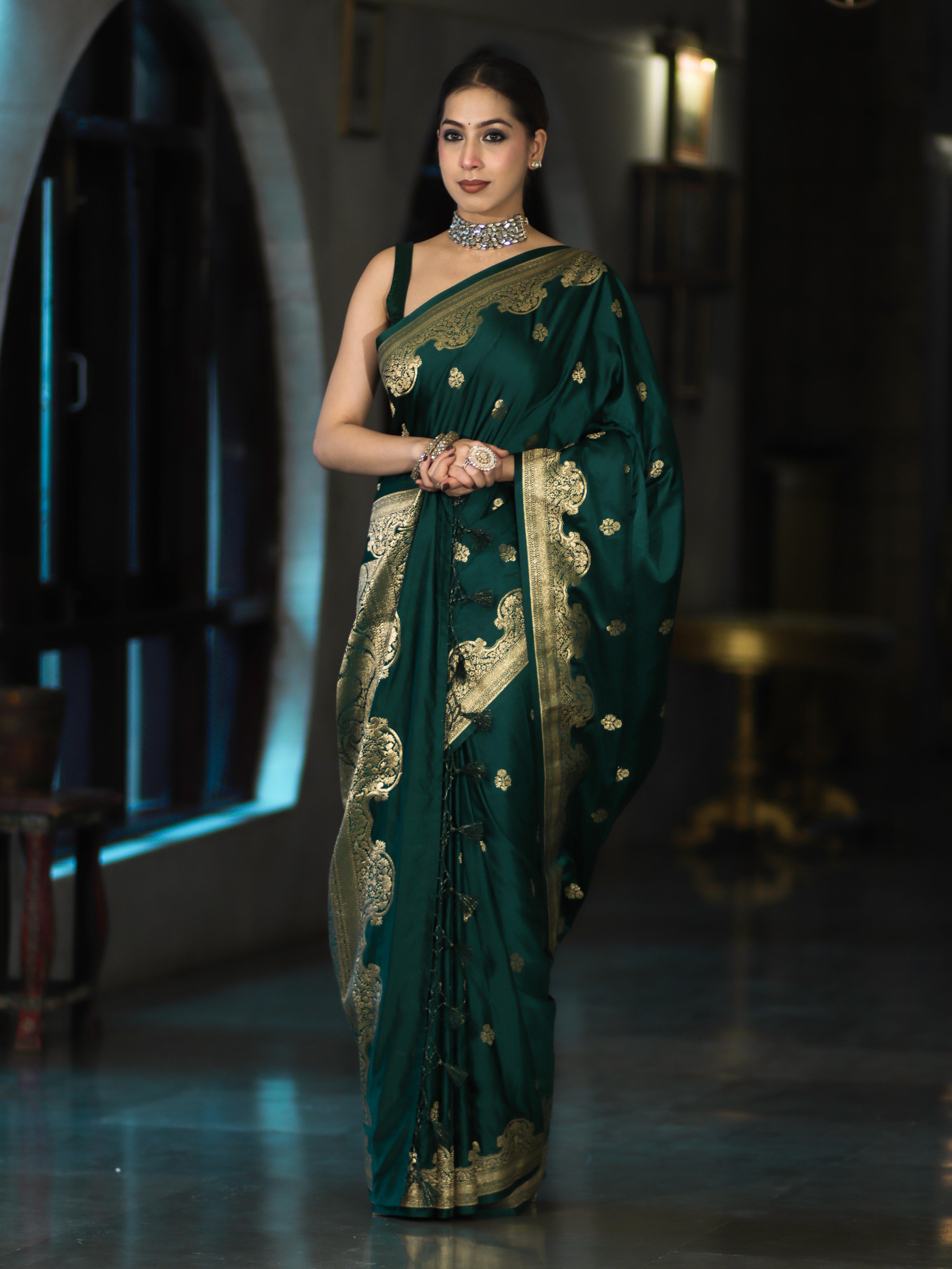 Banarasee Mashru Silk Saree With Zari Motifs & Floral Border-Bottle Green