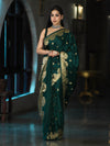 Banarasee Mashru Silk Saree With Zari Motifs & Floral Border-Bottle Green