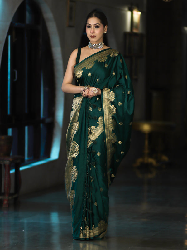 Banarasee Mashru Silk Saree With Zari Motifs & Floral Border-Bottle Green