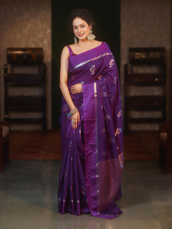 Banarasee Handwoven Semi Silk Saree With Sona Rupa Zari Buti Design-Violet
