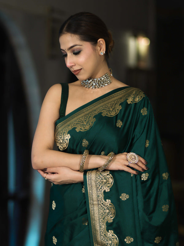 Banarasee Mashru Silk Saree With Zari Motifs & Floral Border-Bottle Green