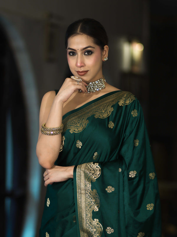 Banarasee Mashru Silk Saree With Zari Motifs & Floral Border-Bottle Green