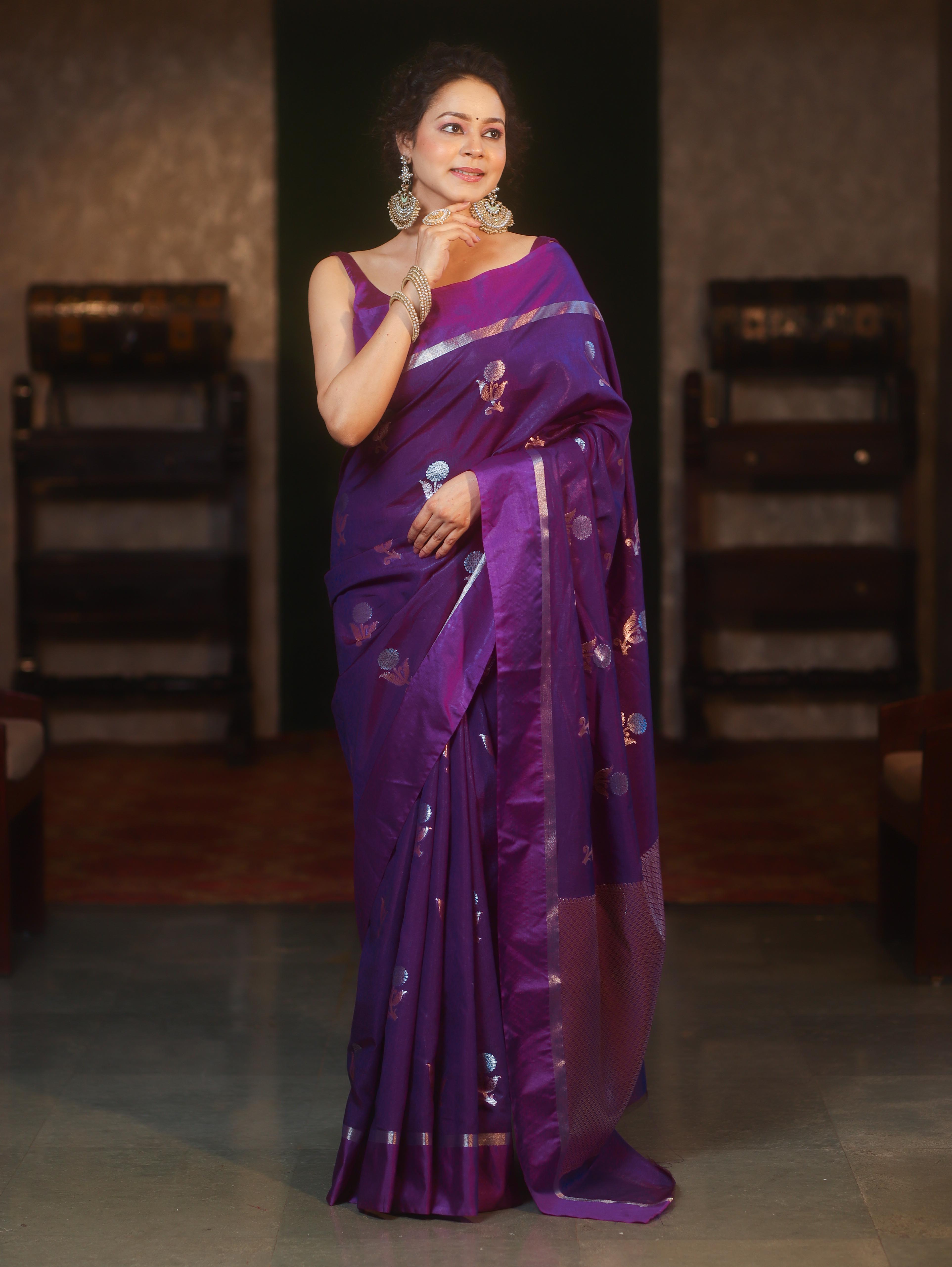 Banarasee Handwoven Semi Silk Saree With Sona Rupa Zari Buti Design-Violet