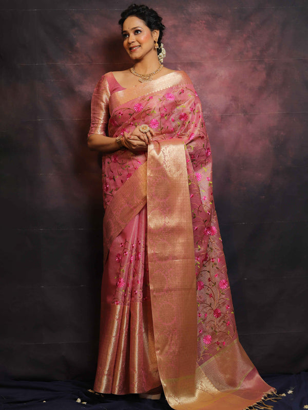 Banarasee Handwoven Broad Border Tissue Saree With Embroidered Floral Buta-Pink