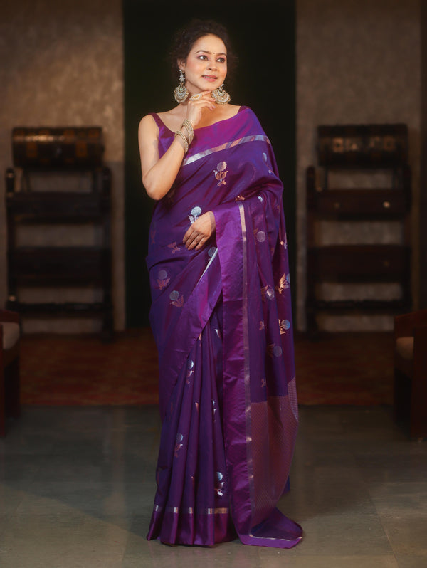 Banarasee Handwoven Semi Silk Saree With Sona Rupa Zari Buti Design-Violet