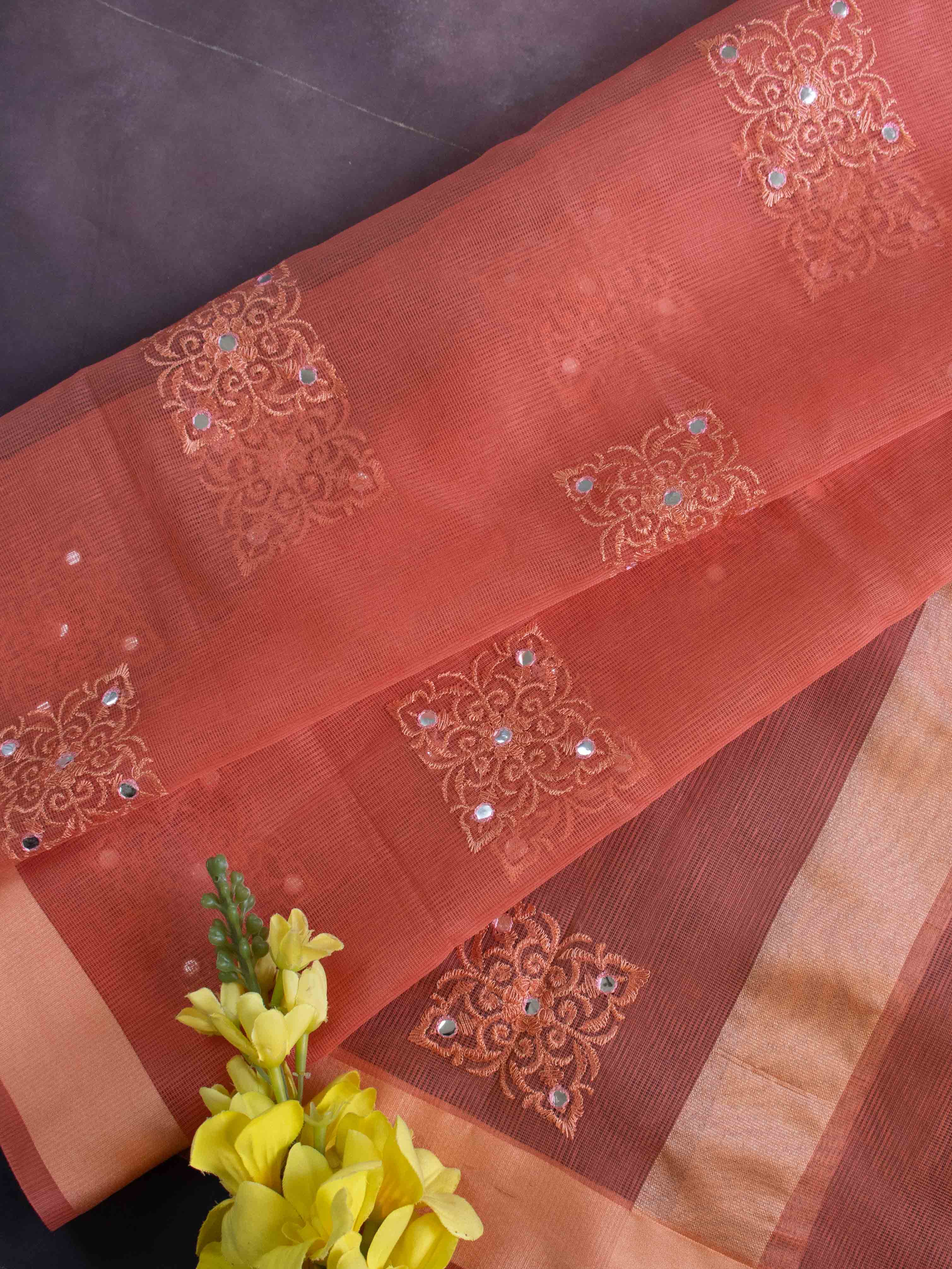Banarasee Cotton Silk Kota Check Embroidered Buta & Mirror Work Dupatta-Peach