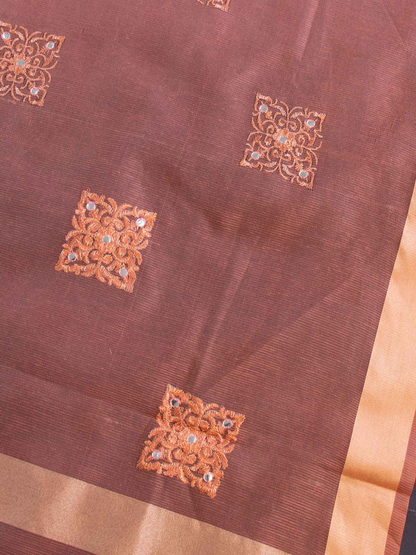 Banarasee Cotton Silk Kota Check Embroidered Buta & Mirror Work Dupatta-Peach