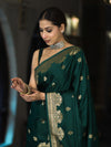 Banarasee Mashru Silk Saree With Zari Motifs & Floral Border-Bottle Green