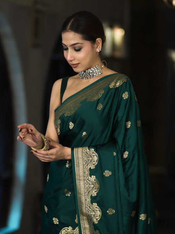 Banarasee Mashru Silk Saree With Zari Motifs & Floral Border-Bottle Green