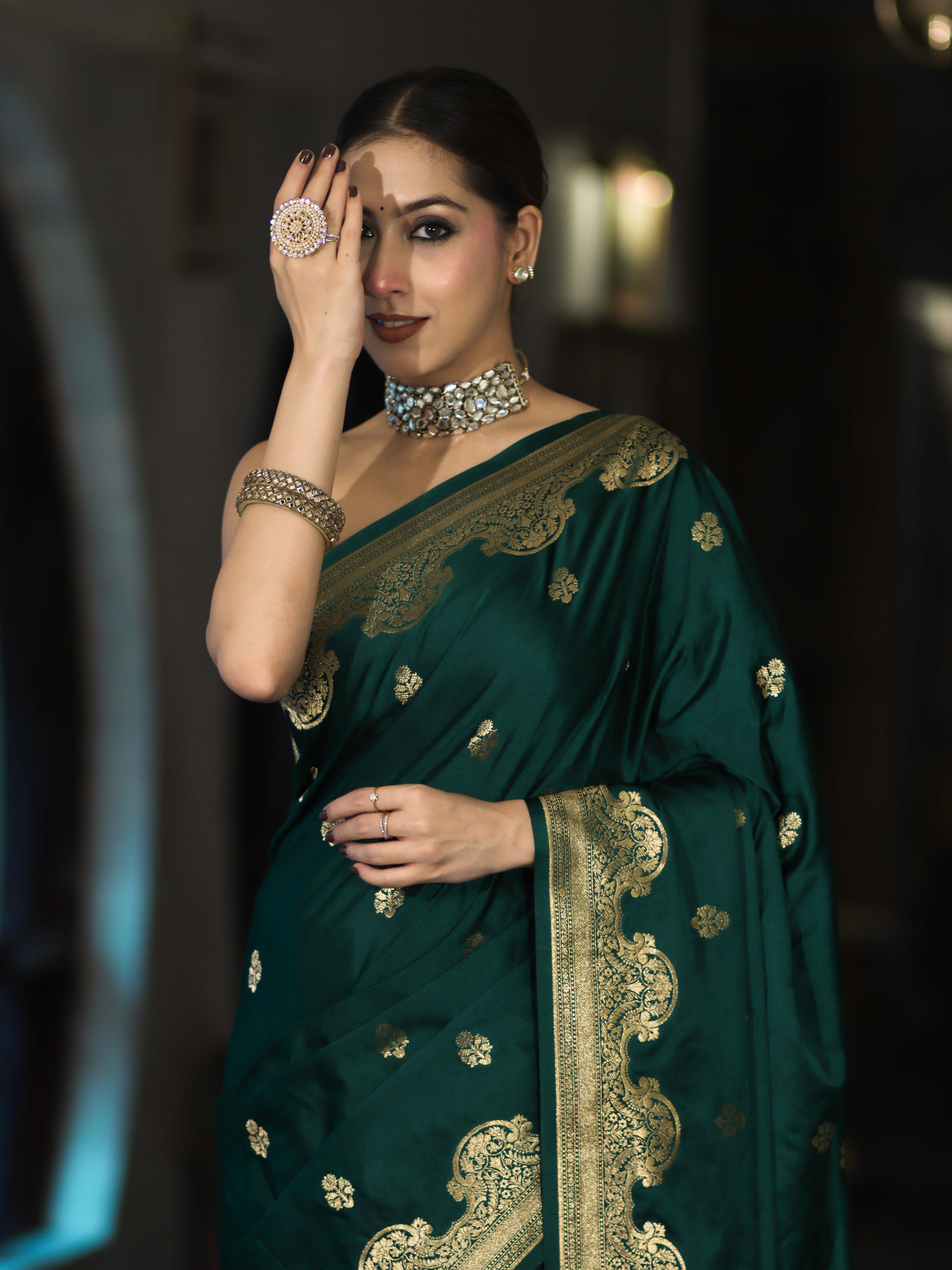 Banarasee Mashru Silk Saree With Zari Motifs & Floral Border-Bottle Green