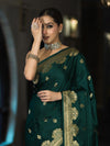 Banarasee Mashru Silk Saree With Zari Motifs & Floral Border-Bottle Green
