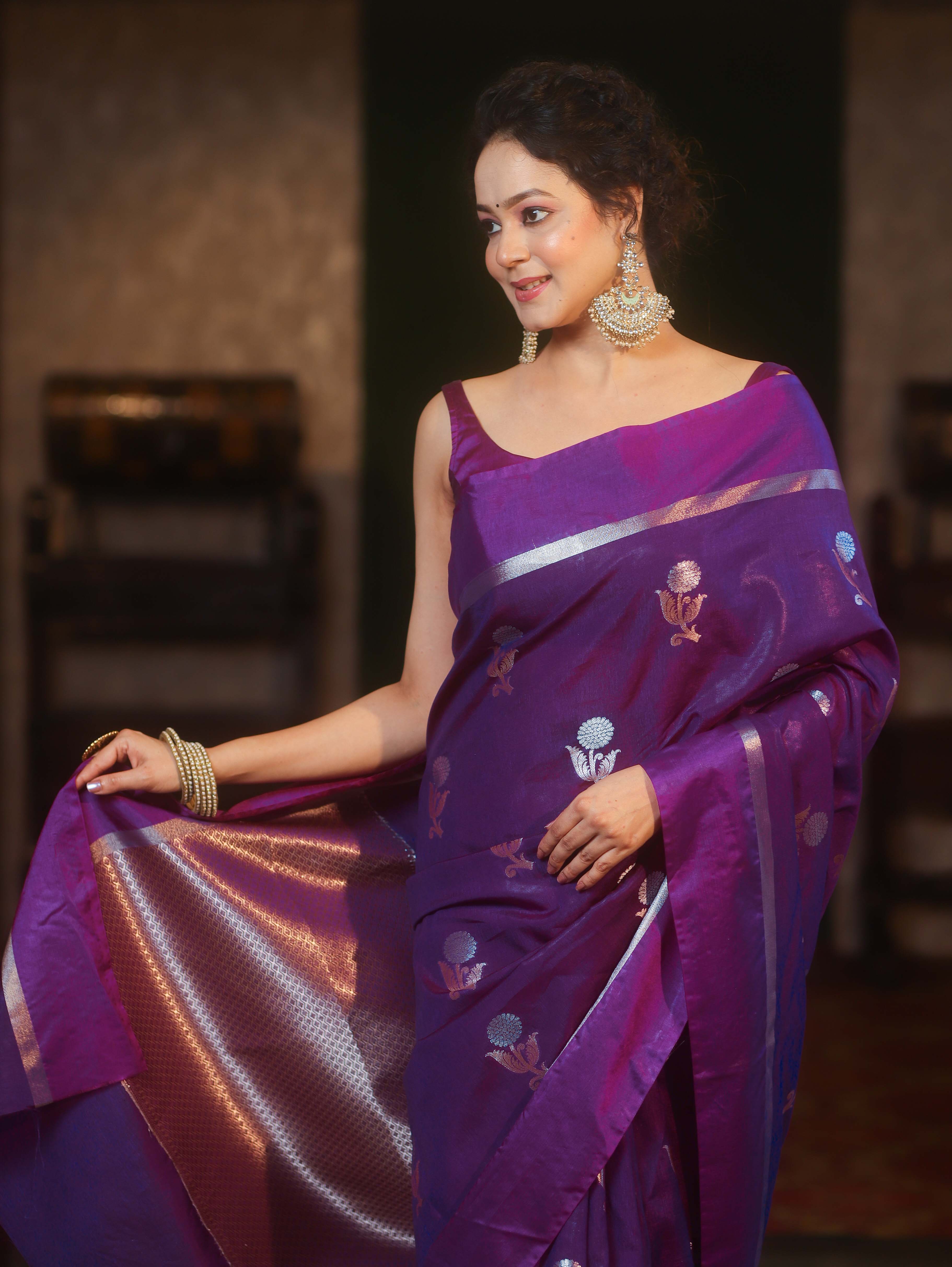 Banarasee Handwoven Semi Silk Saree With Sona Rupa Zari Buti Design-Violet