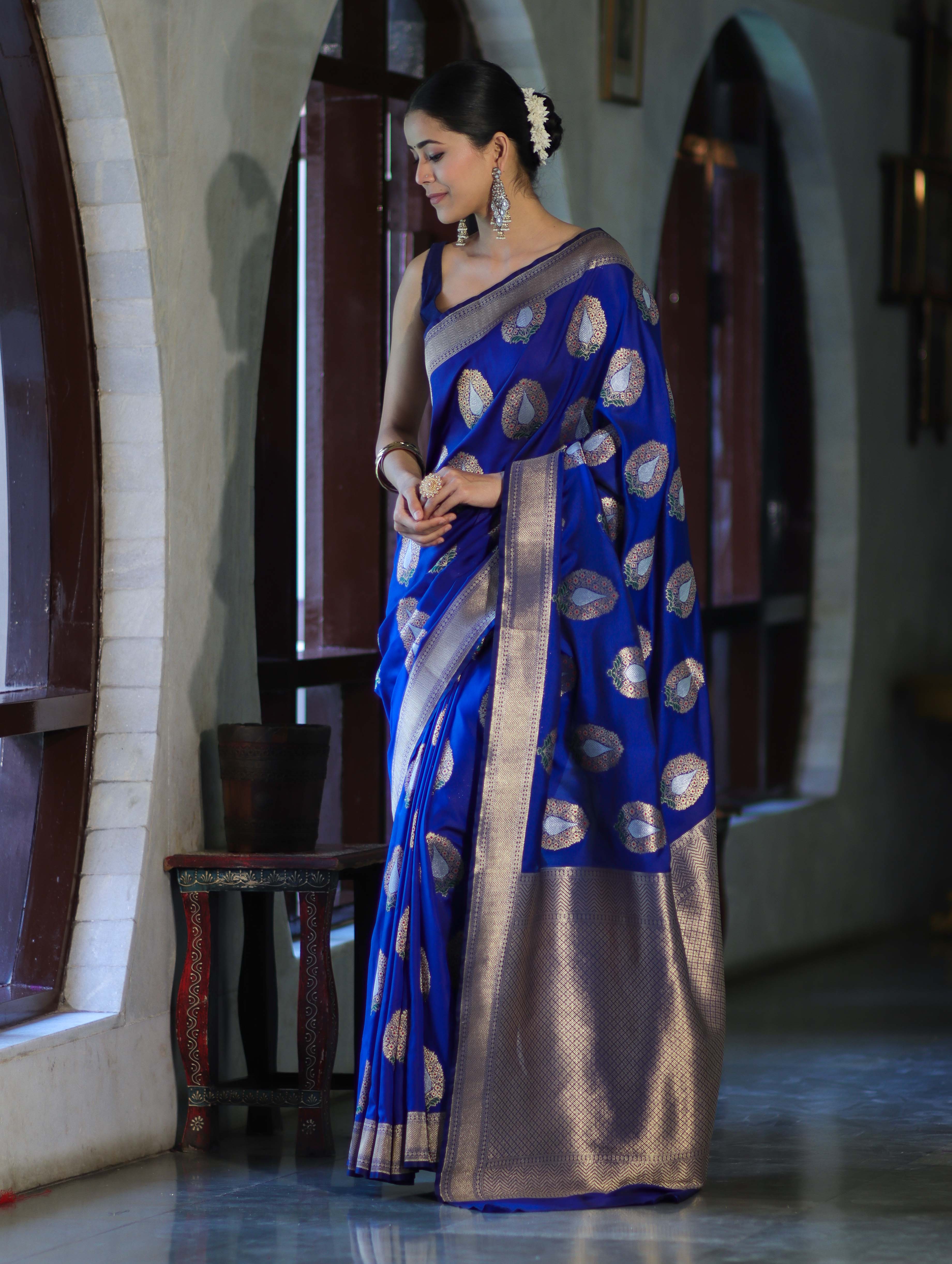 Banarasee Handloom Semi Katan Saree With Zari Buta Work & Border-Blue