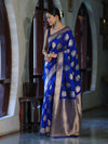 Banarasee Handloom Semi Katan Saree With Zari Buta Work & Border-Blue