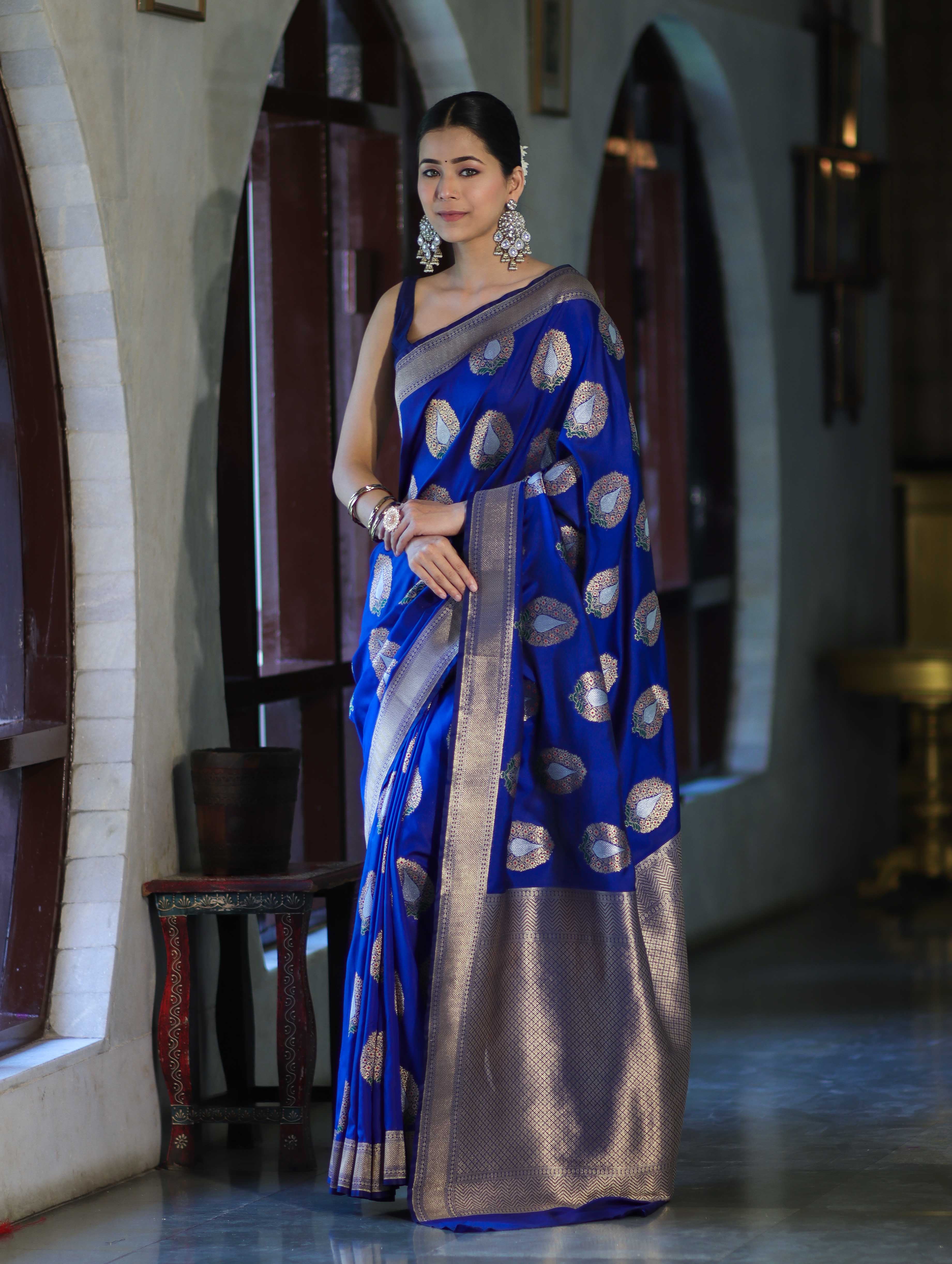 Banarasee Handloom Semi Katan Saree With Zari Buta Work & Border-Blue