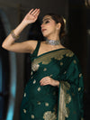 Banarasee Mashru Silk Saree With Zari Motifs & Floral Border-Bottle Green