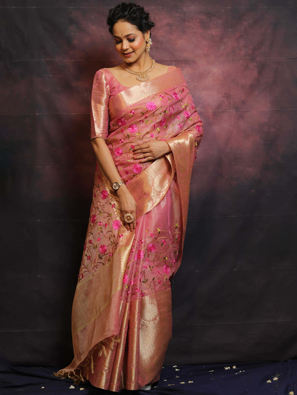 Banarasee Handwoven Broad Border Tissue Saree With Embroidered Floral Buta-Pink