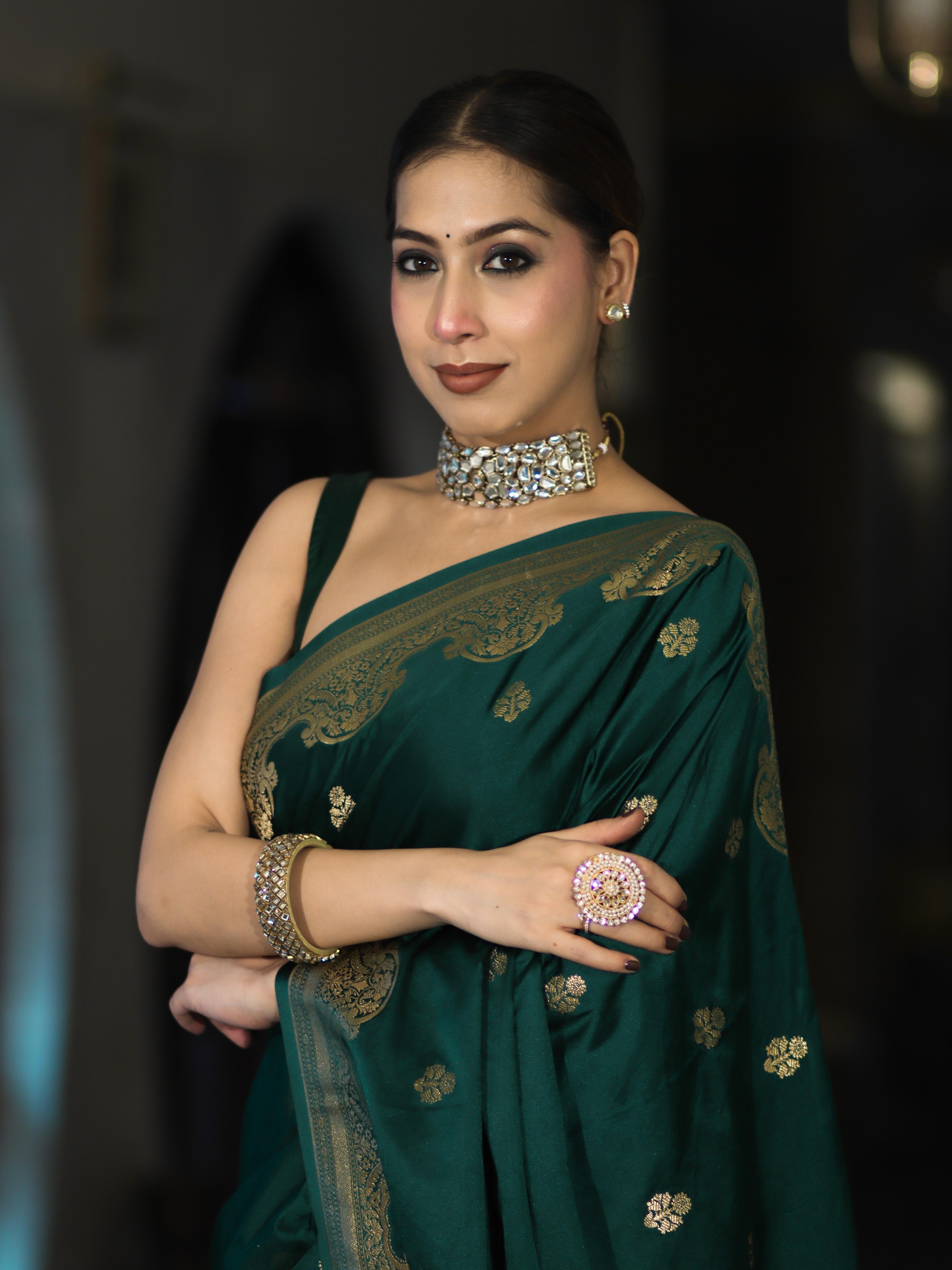 Banarasee Mashru Silk Saree With Zari Motifs & Floral Border-Bottle Green
