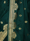 Banarasee Mashru Silk Saree With Zari Motifs & Floral Border-Bottle Green