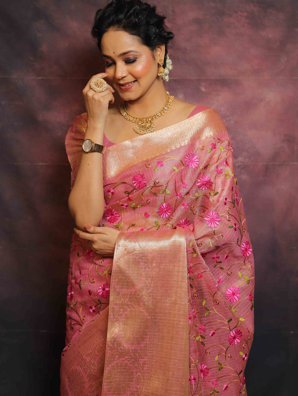 Banarasee Handwoven Broad Border Tissue Saree With Embroidered Floral Buta-Pink