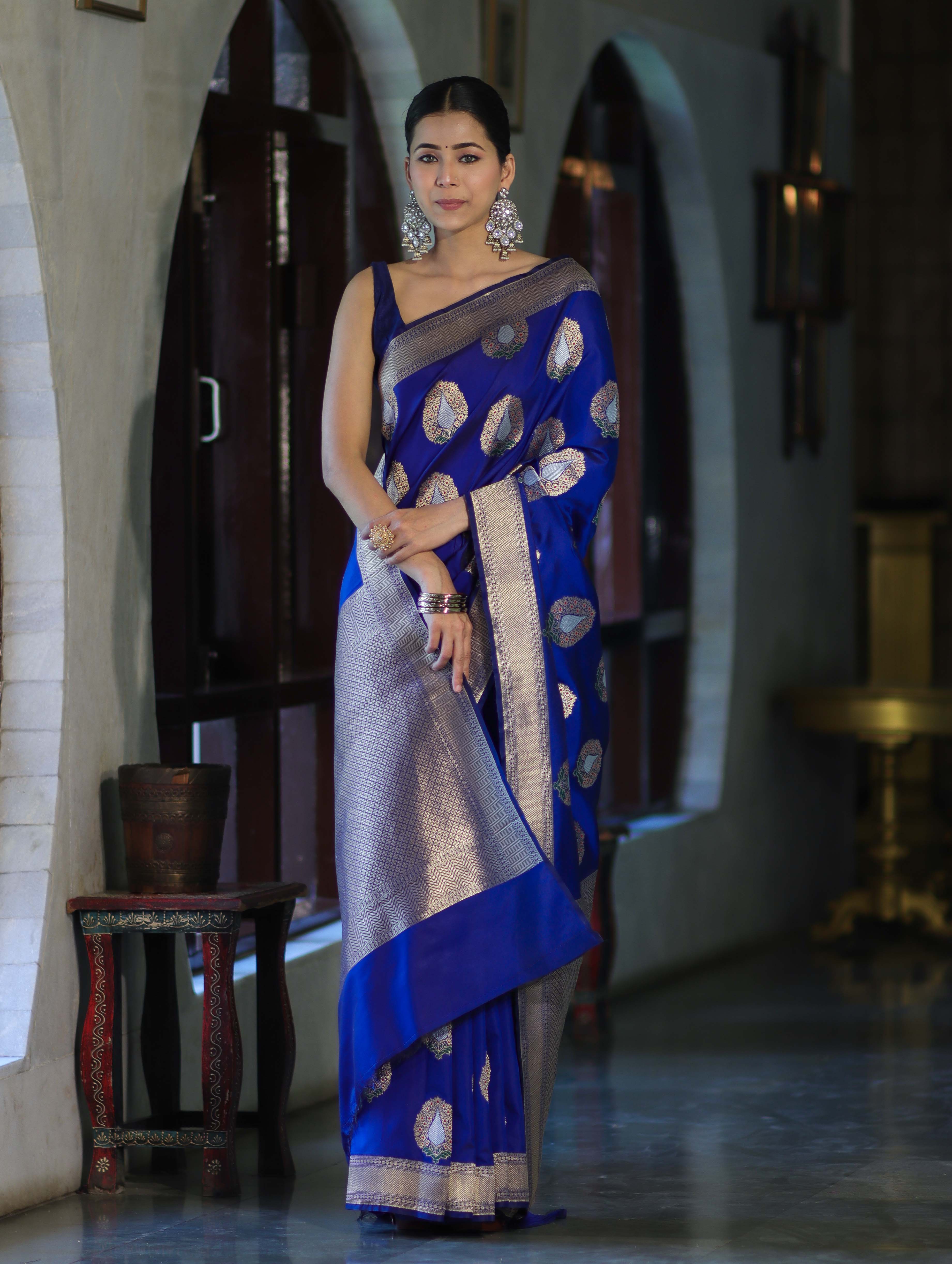 Banarasee Handloom Semi Katan Saree With Zari Buta Work & Border-Blue
